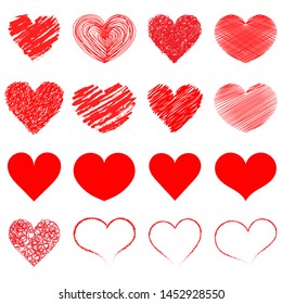 Hearts icon collection. Live broadcast of video, chat, likes. Collection of heart illustrations, love symbol icons set. Red hearts. Hand drawn.