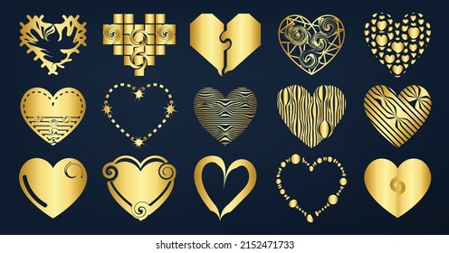 Hearts icon collection. Live broadcast of video, chat, likes. Collection of heart illustrations, love symbol icons set. Golden hearts