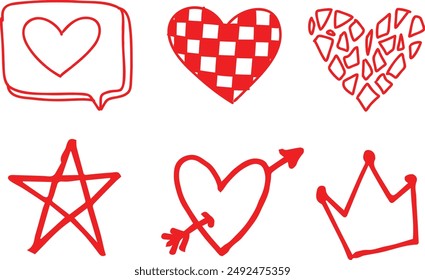 Hearts icon collection. Live broadcast of video, chat, likes. Collection of heart illustrations, love symbol icons set. Red hearts, Hand drawn hearts. Design elements for Valentine's day.