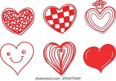 Hearts icon collection. Live broadcast of video, chat, likes. Collection of heart illustrations, love symbol icons set. Red hearts, Hand drawn hearts. Design elements for Valentine's day.