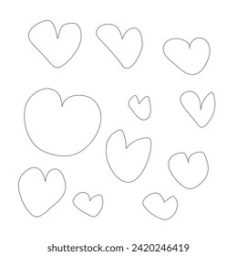 Hearts icon in hand drawn style. Handmade painted black line heart vector illustration white background.