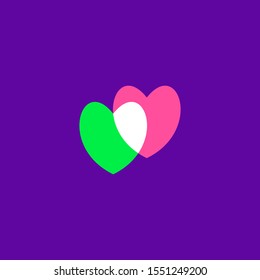 Hearts icon isolated on violet background. Romantic hearts icon green and pink. Love symbol. Happy valentines day and wedding design elements. Simple vector element illustration in a modern style.