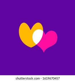 Hearts icon isolated on violet background. Romantic hearts icon yellow and pink. Love symbol. Happy valentines day and wedding design elements. Simple vector element illustration in a modern style.