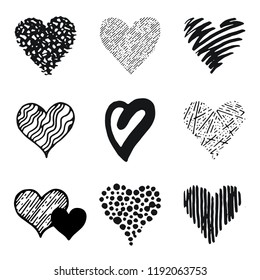 Hearts icon set, hand drawn doodle sketch style. Outline and shape handdrawn illustrations by brush, pen, pencil, ink. Vector drawing for Valentine's day logo,design,card and more. Cute retro style