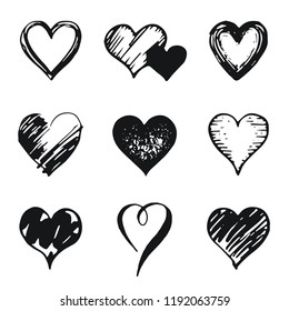 Hearts icon set, hand drawn doodle sketch style. Outline and shape handdrawn illustrations by brush, pen, pencil, ink. Vector drawing for Valentine's day logo,design,card and more. Cute retro style