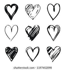 Hearts icon set, hand drawn doodle sketch style. Outline and shape handdrawn illustrations by brush, pen, pencil, ink. Vector drawing for Valentine's day logo,design,card and more. Cute retro style
