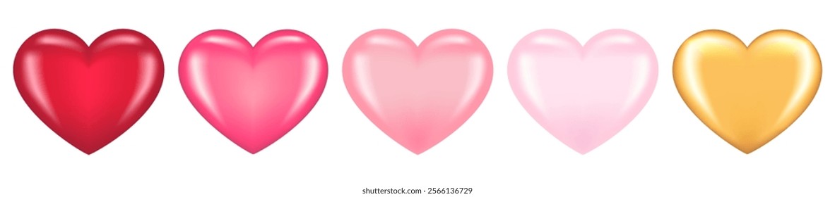 Hearts icon set isolated on white background. Red, pink and gold hearts. Collection of glossy hearts of different colors. Template for Valentine's day, wedding, romantic card. Vector illustration.