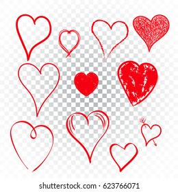 Hearts icon set. Love hand drawn vector illustration on isolated background.