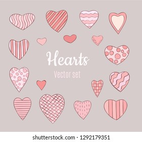 Hearts icons collection. Pink hand drawn vector set. Valentine's day elements.