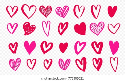 Hearts icons hand drawn for Valentines Day, Save the Date or wedding invitation greeting card design. Vector Valentines love pink red marker highlighter hearts isolated on transparent background