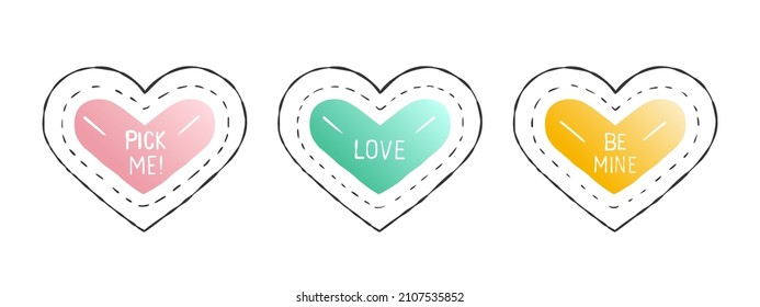 Iconos de corazón establecidos. Corazón lindo con inscripciones diferentes. Corazones dibujados a mano. Ilustración del vector