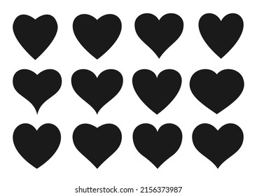 Iconos de corazón establecidos. Elementos negros planos que envían mensajes de texto a la tarjeta de boda. El romántico símbolo de las fiestas adoraba San Valentín. Diseño gráfico decorativo del corazón forma ilustración vectorial aislada