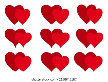 Iconos de corazón establecidos. Elementos rojos dobles planos que envían mensajes de texto a la tarjeta de boda. El romántico símbolo de las fiestas adoraba San Valentín. Diseño gráfico decorativo del corazón forma ilustración vectorial aislada