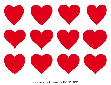 Hearts icons set. Flat red elements wich text greeting wedding card. Romantic holiday symbol love Valentine Day. Heart decorative graphic design shape isolated vector illustration
