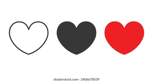 Hearts icons set. Red, back, and outline heart icon set. Vector illustration.