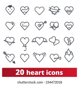 Hearts icons: vector set of love signs.