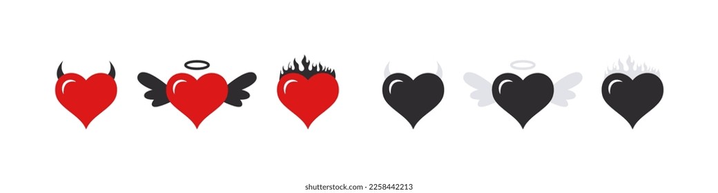 Iconos del corazón. Corazones con alas, cuernos y fuego. Símbolos del amor. Los corazones emoticones. Imágenes vectoriales