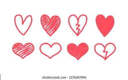 Hearts illustration vector set. Sketch hand drawn icon collection.