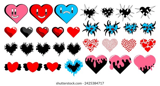 Hearts illustrations big set. Varied hearts for Happy Valentines day in trendy cartoon style. Hearts with eyes, spikes, wings, fire and slime. Vector illustration isolated on white background.