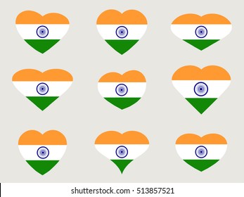 Hearts with the Indian flag. I love the India. Indian flag icon set. Vector illustration.