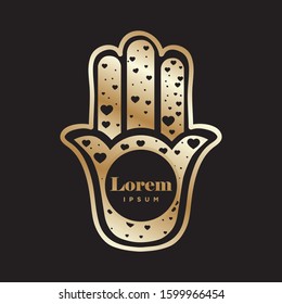 Hearts inside golden hand shape, vector emblem logo template