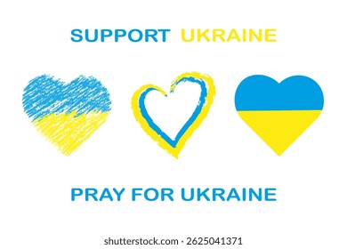 Hearts inspired by Ukraine's national flag colors express support and prayers, emphasizing solidarity and love