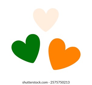 Hearts in Irish flag colors. Festive on St. Patrick's day. Ireland holiday lucky item, fortune symbols. Flat Vector illustration isolated on white background 