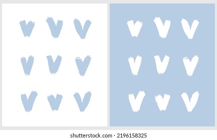 Hearts of Irregular Shape on a White and Pastel Blue Background. Romantic Abstract Vector Illustration with Love Symbol ideal for Card, Poster, Wall Art. Cool Grunge Hand Drawn Valentine Print.