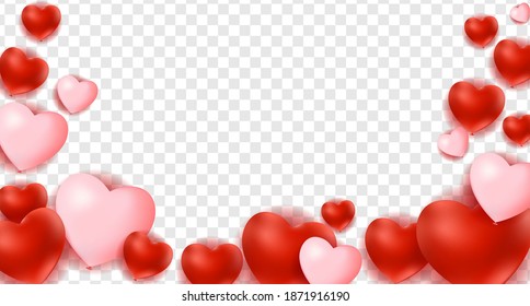 Hearts isolated on transparent background, decorations for Valentine's day design. Vector Illustration