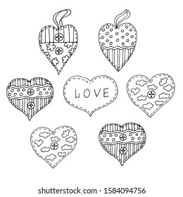 Hearts isolated on white background. Hand drawing. Greeting card. Vector illustration