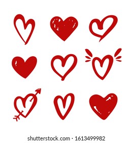 Hearts isolated on a white background. Vector hand drawn symbols for love, wedding, Valentine's day or other romantic design. Set of 9 various shapes. Red doodle illustrations.