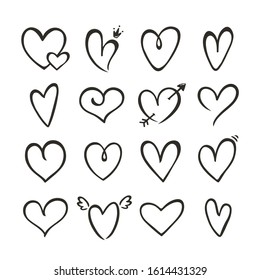 Hearts isolated on a white background. Vector hand drawn outline symbols for love, wedding, Valentine's day or other romantic design. Set of 16 various decorative shapes. Black doodle illustrations.