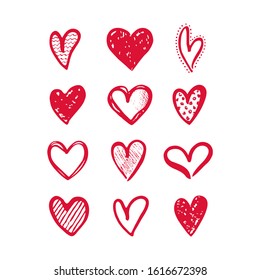 Hearts isolated on a white background. Vector hand drawn symbols for love, wedding, Valentine