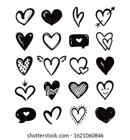 Hearts isolated on a white background. Vector hand drawn symbols for love, wedding, Valentine's day or other romantic design. Set of 20 various decorative shapes. Black doodle illustrations.
