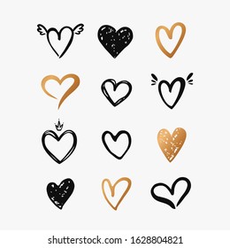 Hearts isolated on a white background. Vector hand drawn symbols for love, wedding, Valentine's day or other romantic design. Set of 12 various decorative shapes. Black and gold doodle illustration.
