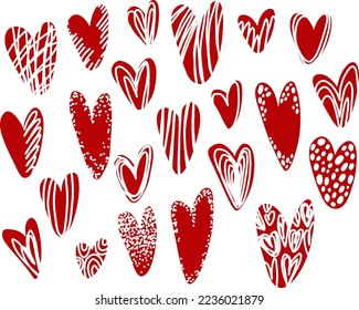 Hearts isolated on a white background. Vector hand drawn symbols for love, wedding, Valentine's day or other romantic design. Set of various decorative shapes. Pink doodle illustrations.