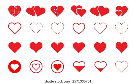 Hearts isolated on white. Hearts in linear and flat. Love icon. Valentines day signs or symbols. Vector illustration. 
