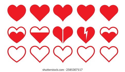 Hearts isolated on white. Hearts in linear and flat. Love icon. Valentines day signs or symbols. Vector illustration. 