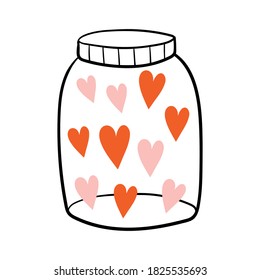 Hearts in a jar. Hand drawn vector illustration. Design for greeting cards, print, blogs. Holiday greeting card for Valentine's day.