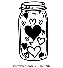 Hearts in a jar Valentines day Hand drawn doodle line art illustration love elements greeting card decoration 