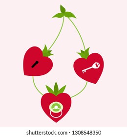hearts with a key lock and a baby pacifier in the form of a plant