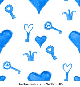 Hearts, keys and crown.watercolor.seamless pattern