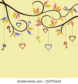 Hearts and keys hanging on trees in wonderland garden