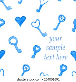 hearts and keys painted in watercolor.seamless pattern with space for writing
