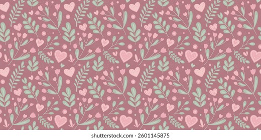 Hearts, leaves and flowers vector texture. Valentine's Day seamless pattern.