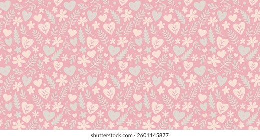 Hearts, leaves and flowers vector texture. Valentine's Day seamless pattern.