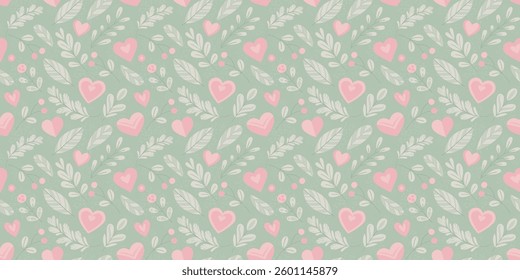 Hearts, leaves and flowers vector texture. Valentine's Day seamless pattern.