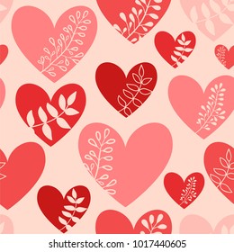 Hearts with leaves. Valentines day background. Seamless vector pattern with hearts.