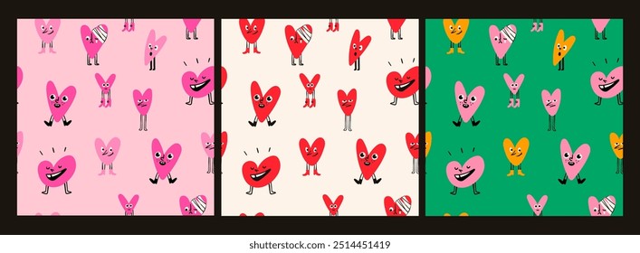 Hearts with legs and shoes. Various mood, face emotions. Cartoon style. Cute funny characters. Hand drawn Vector illustration. Love, Valentine's day, romance concept. Set of square seamless Patterns