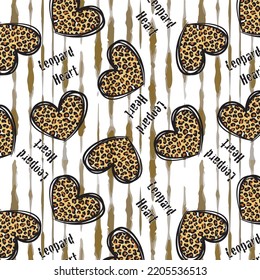 Hearts from leopard pattern on grunge striped lines with texts